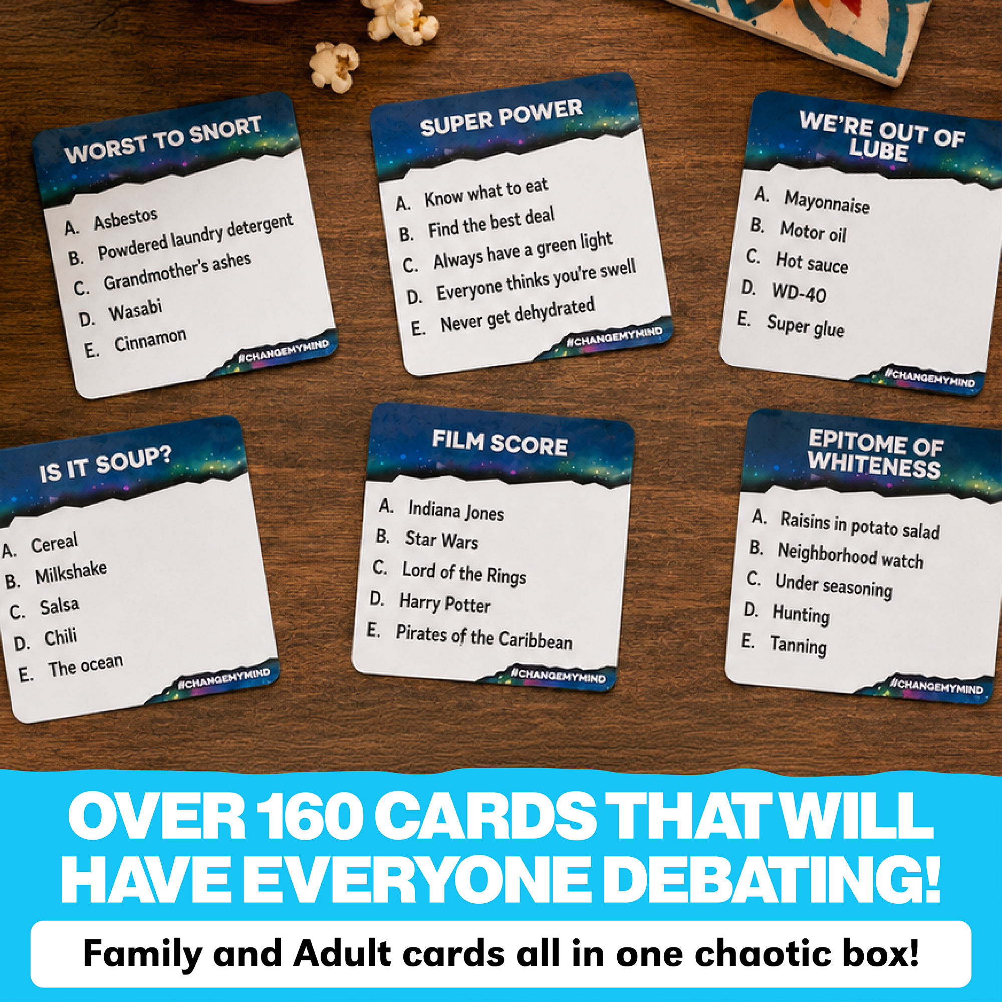 Six category cards that show debate, party. Fun, vibrant party game