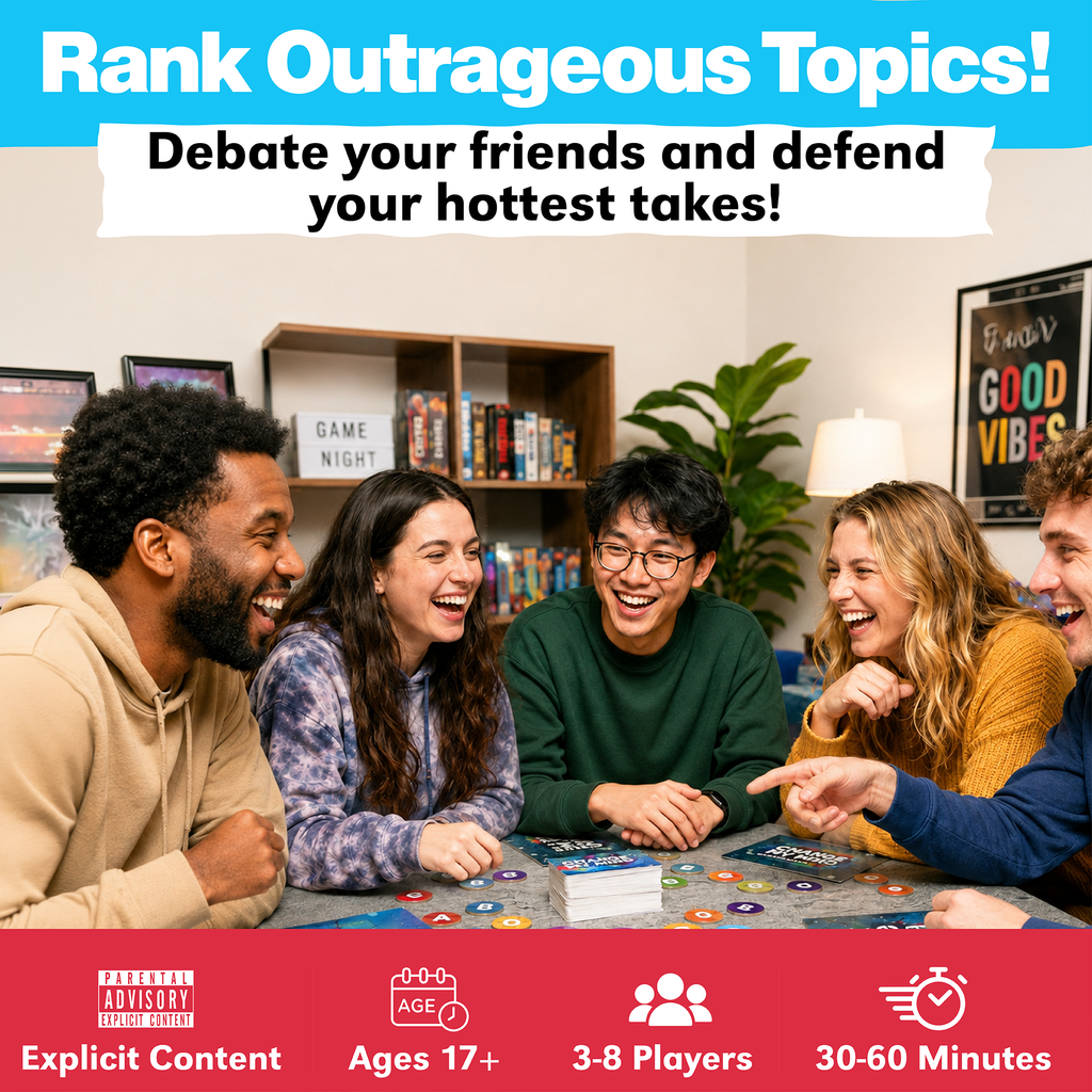  promotional graphic for a party game, featuring four people laughing and playing a board game in a cozy living room setting. The top of the image has a blue banner reading 'Rank Outrageous Topics!' and a white banner reading 'Debate your friends and defend your hottest takes!'.