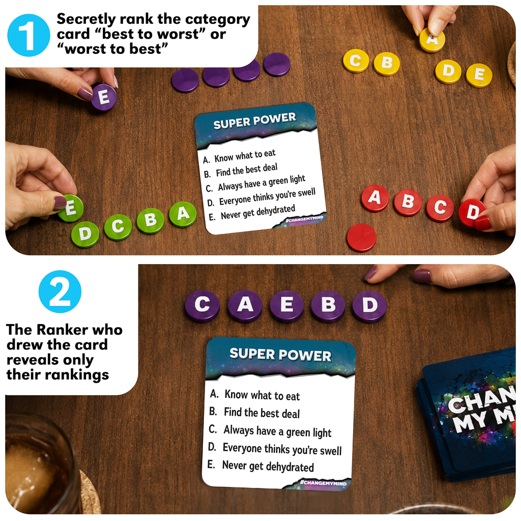 Two-panel lifestyle demonstration of a tabletop game on a wooden table. Hands arrange colorful letter tiles (A through E) and purple ranking tokens around a card face that lists options like 'Know what to eat' and 'Find the best deal."