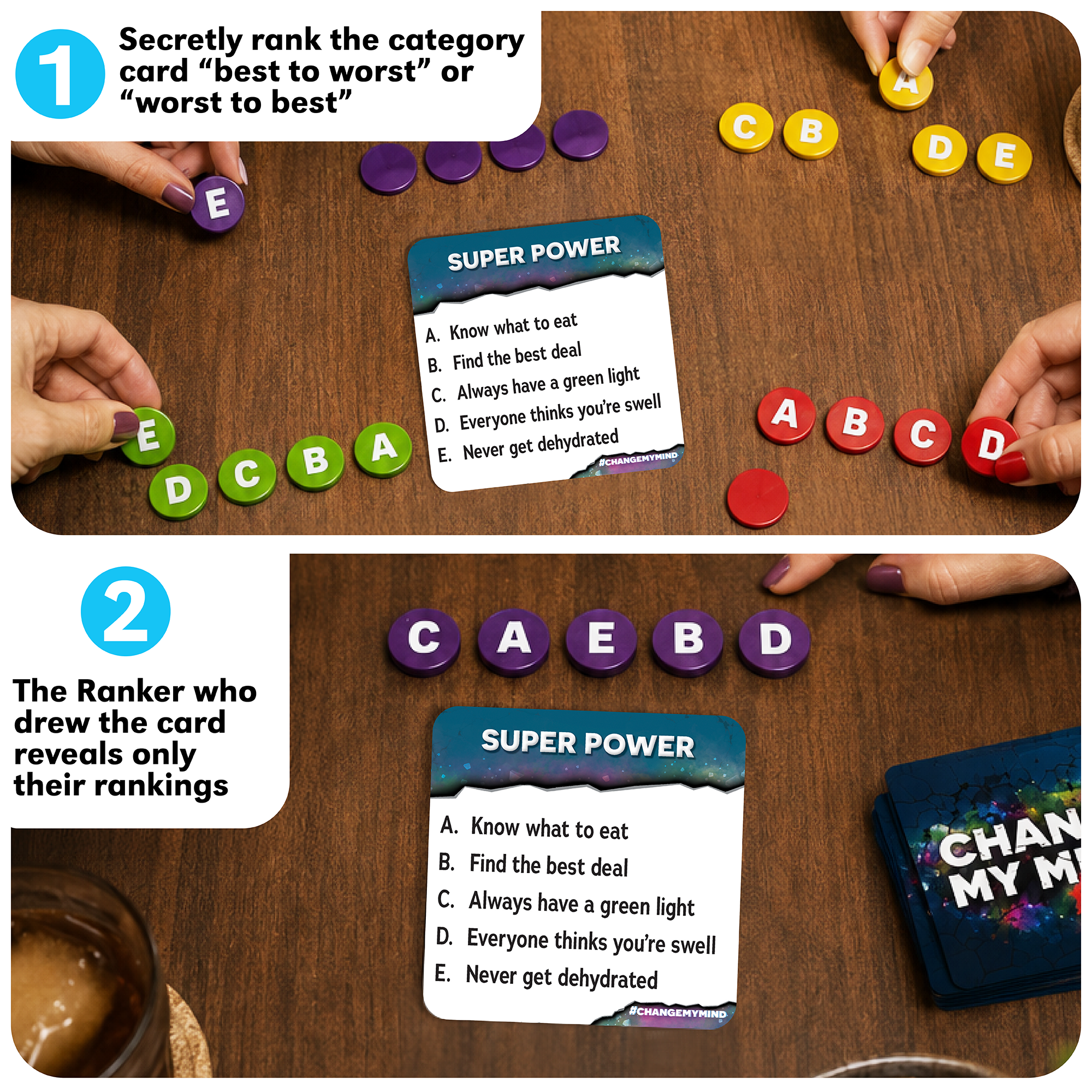 Two-panel lifestyle demonstration of a tabletop game on a wooden table. Hands arrange colorful letter tiles (A through E) and purple ranking tokens around a card face that lists options like 'Know what to eat' and 'Find the best deal."