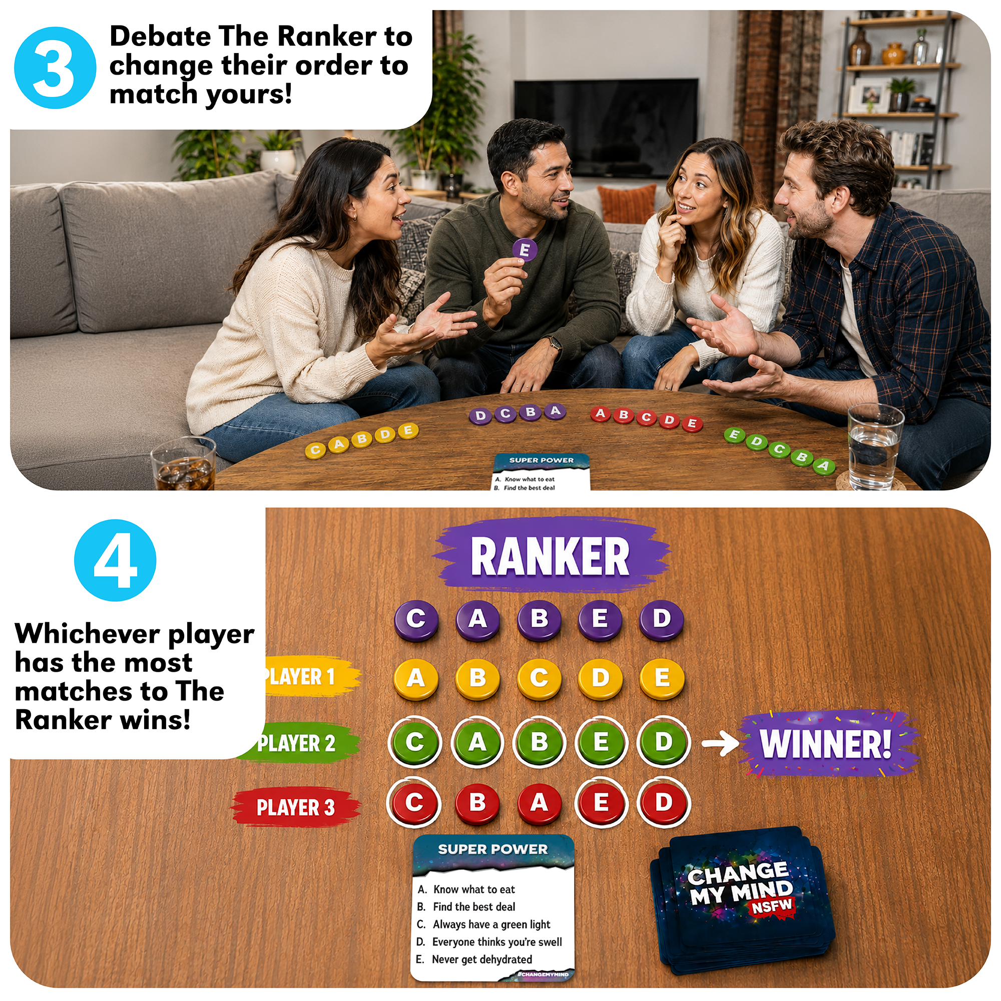 A promotional collage for the board game 'Ranker' showing two groups of people playing the game in a living room setting, alongside close-up views of the game board, player tokens, and a blue 'Change My Mind' card. The text highlights key gameplay features like debating the ranker and matching player order to the game's outcome.